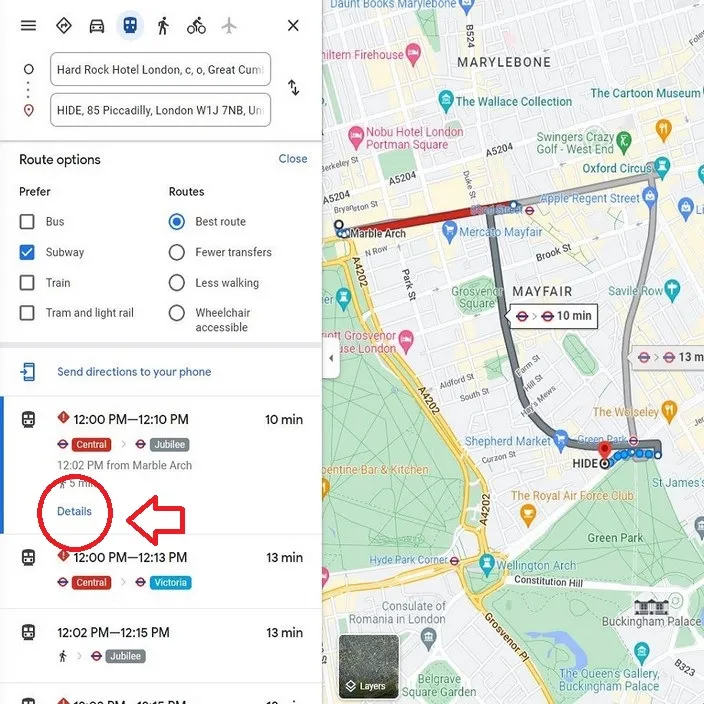 Show the Details for the Subway Route - Slide 18