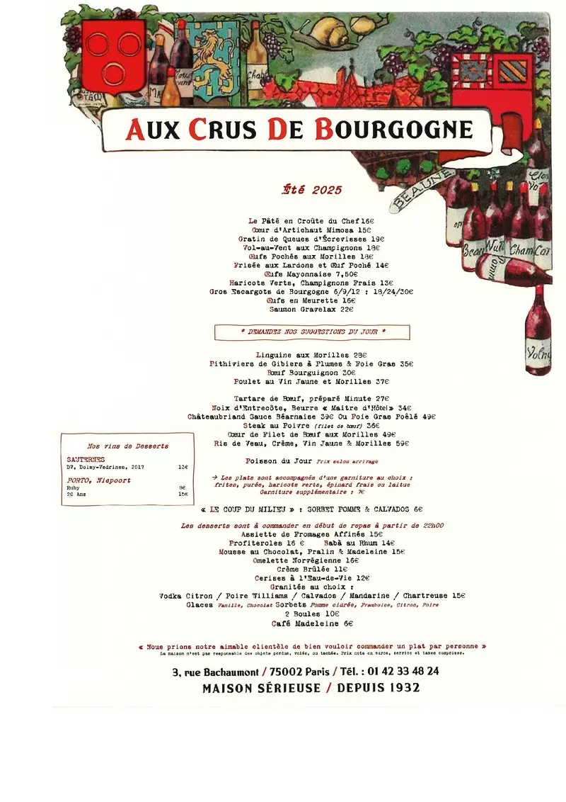 Aux Crus de Bourgogne – Paris – Menu