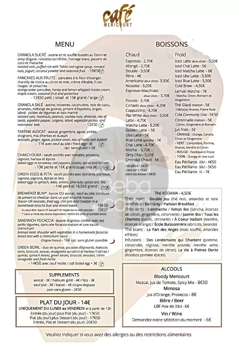 Cafe Mericourt – Paris – Menu