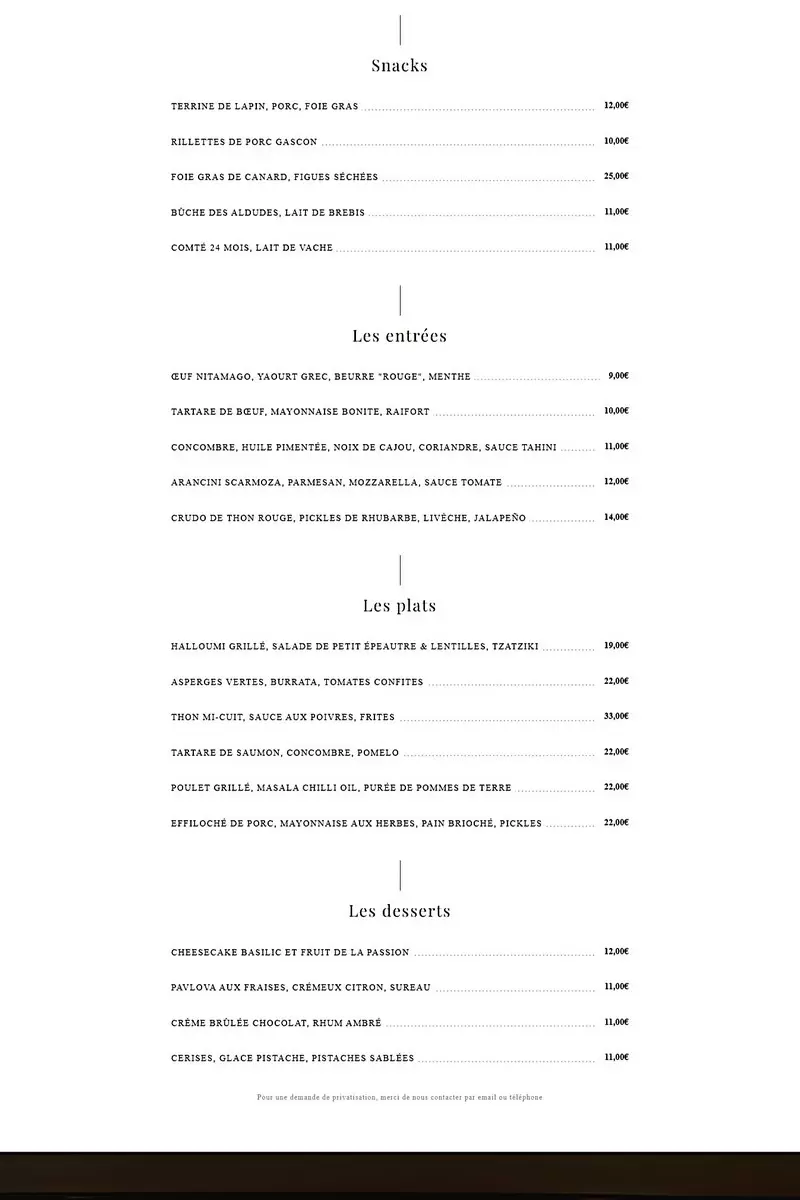 Le Comptoir du Petits Champs – Paris – Menu