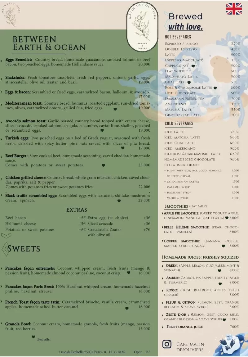 Matin des Oliviers – Paris – Menu